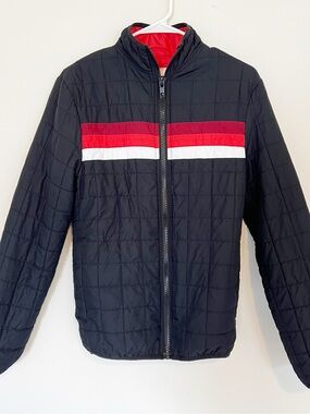 Aeropostale Mens Black Quilted Puffer Small Lightweight Retro Striped Jacket